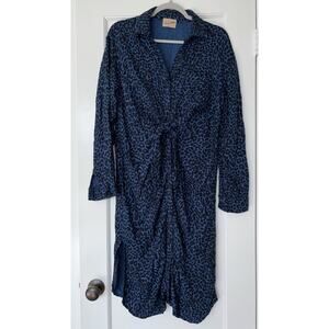 The Nu Vintage Dress Blue Animal Leopard Cheetah Tie Front Shirtdress Midi Small